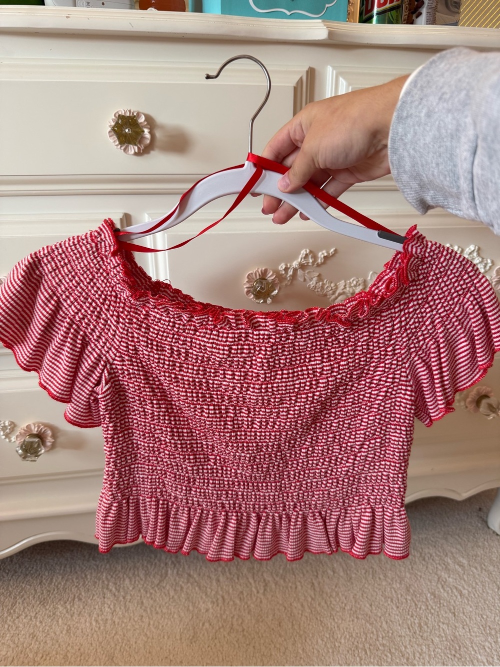 She + Sky Red Smocked Off-Shoulder Crop Top
